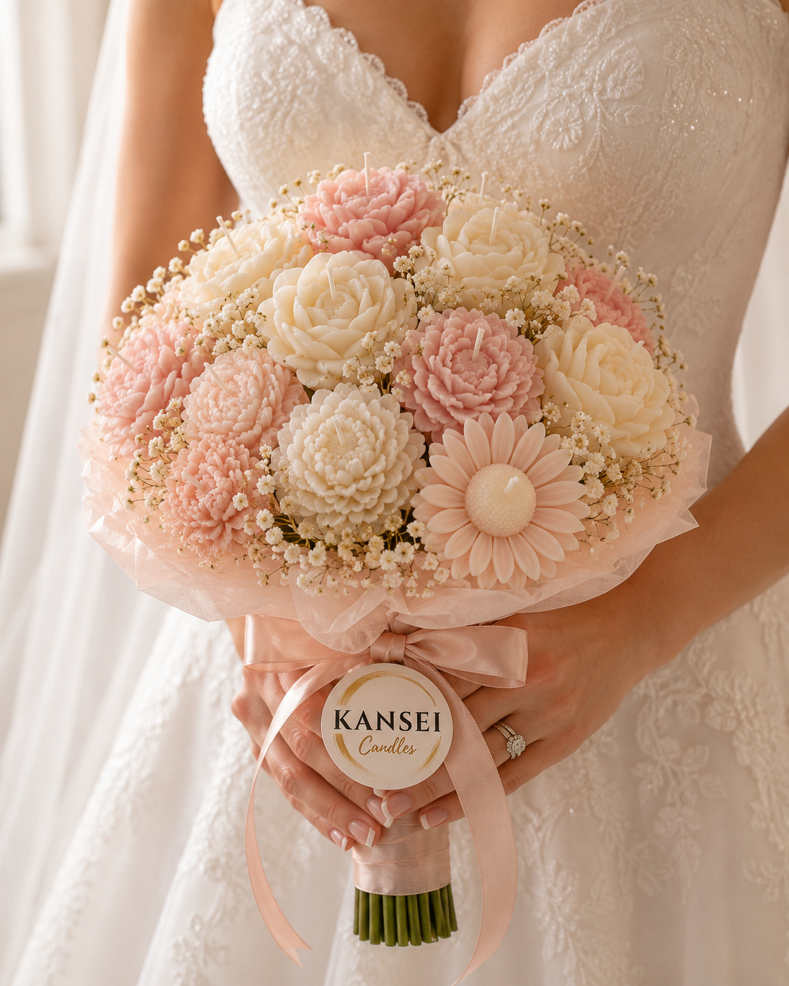 Ramo de novia artesanal Kansei en tonos marfil y rosa