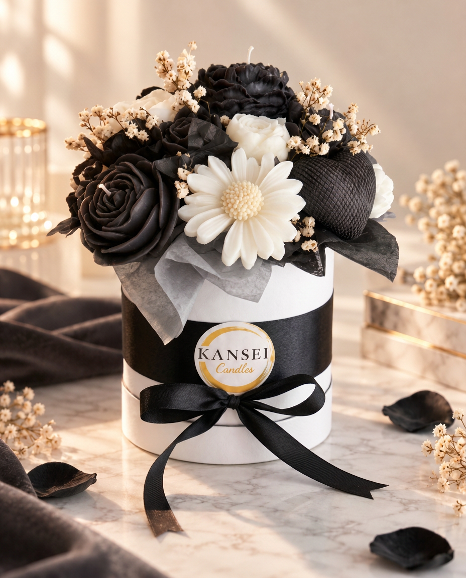 Bouquet Esencial In-Yō de flores de cera negras y blancas en caja redonda blanca con lazo negro