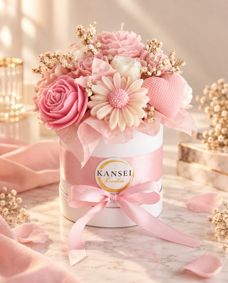 Bouquet Esencial Sakura de flores de cera rosas y blancas en caja redonda blanca con lazo rosa