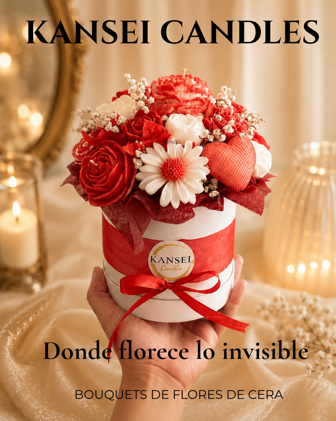 Bouquet artesanal de flores de cera con rosas rojas en caja de regalo