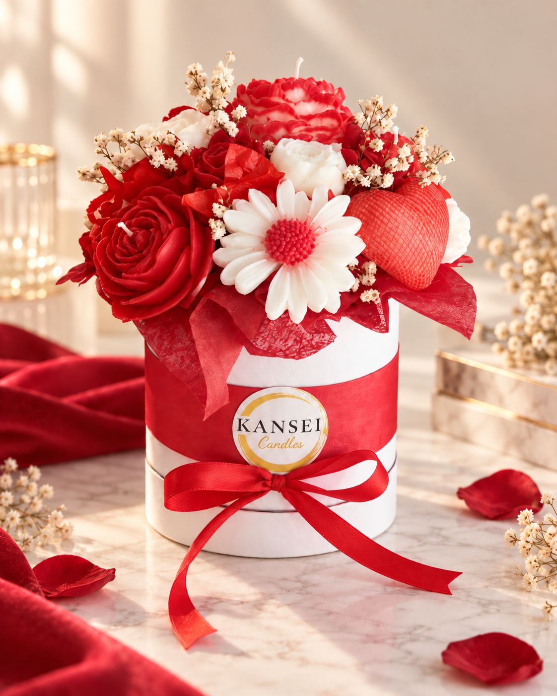 Bouquet Esencial Kohaku de flores de cera rojas y blancas en caja redonda blanca con lazo rojo