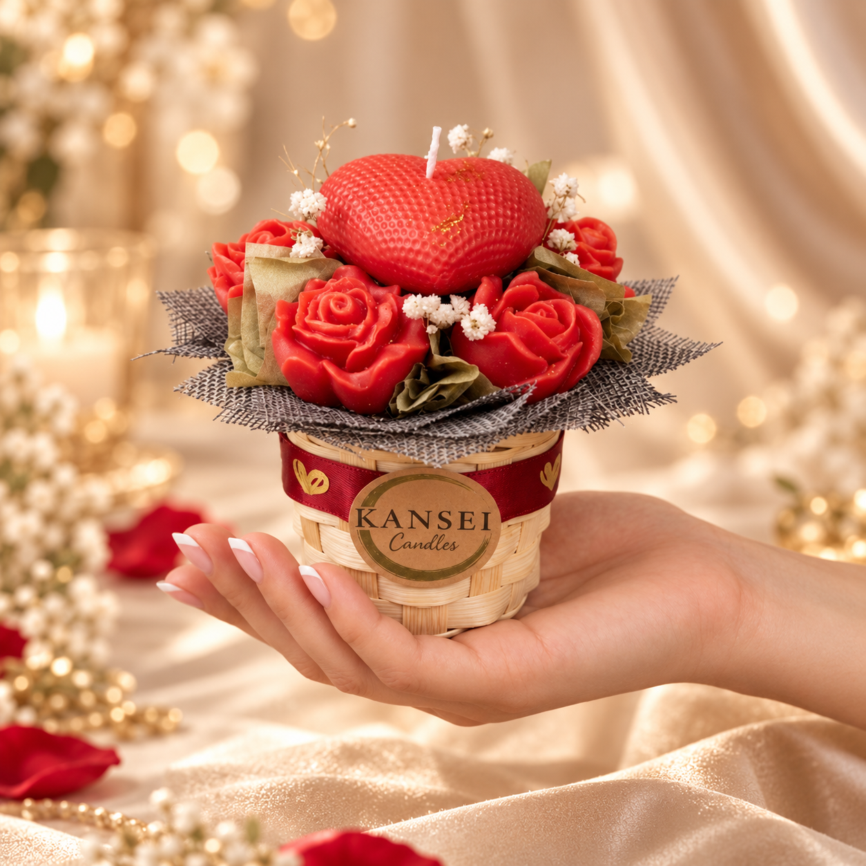 Mini Bouquet Kohaku de flores de cera con rosas rojas y vela con forma de corazón en cesta de mimbre