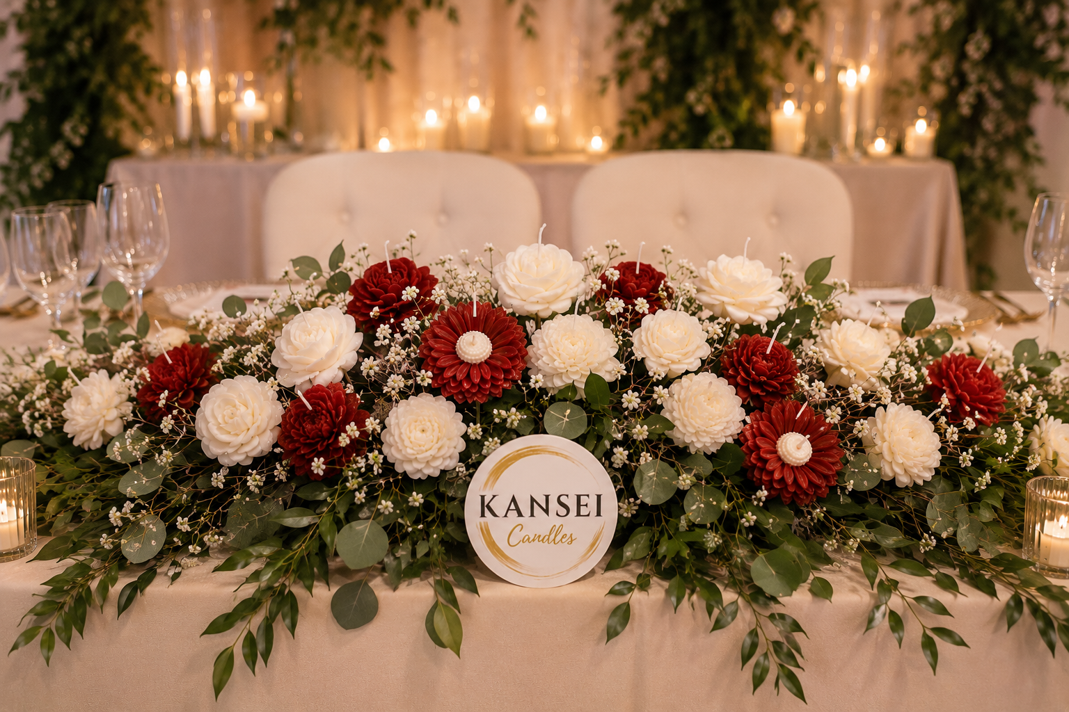 Centro de mesa Kansei con velas y flores de cera