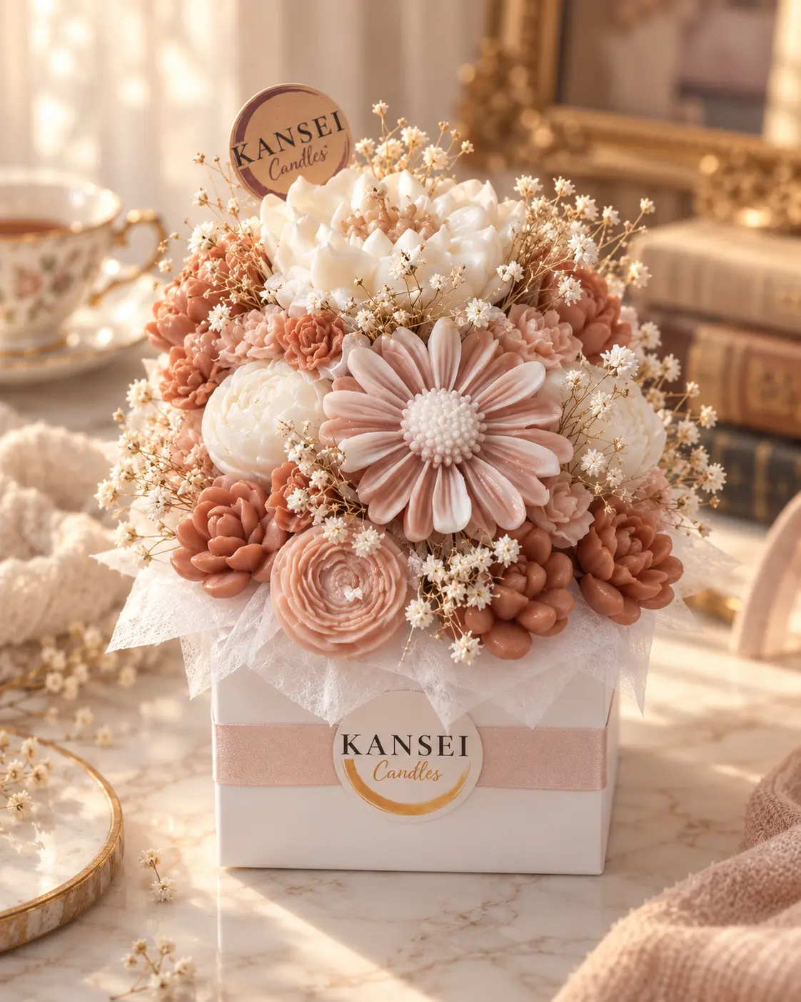 Bouquet Natsukashii de flores de cera artesanales en tonos crema, rosa empolvado y tierra