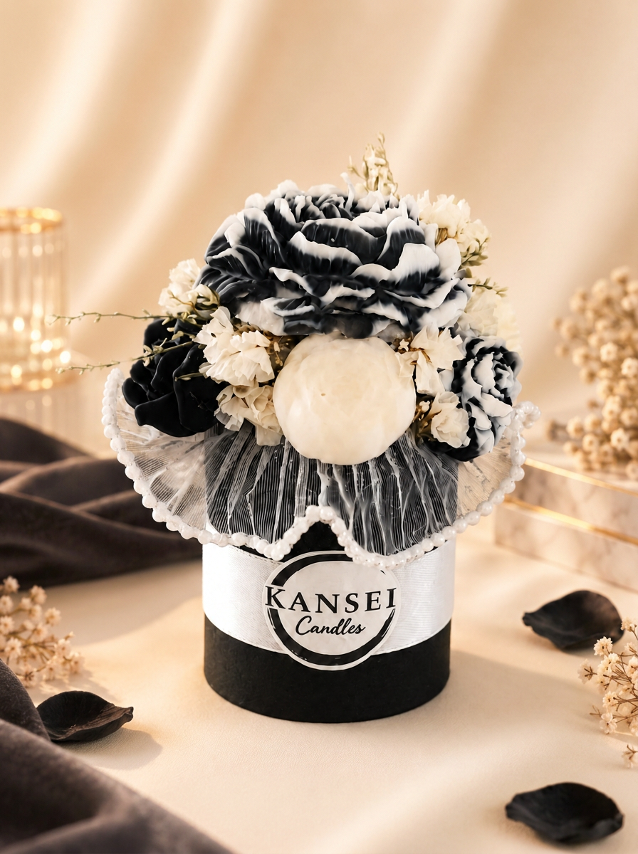 Mini Bouquet In-Yō de flores de cera en blanco, negro y gris en tarrina con etiqueta Kansei Candles