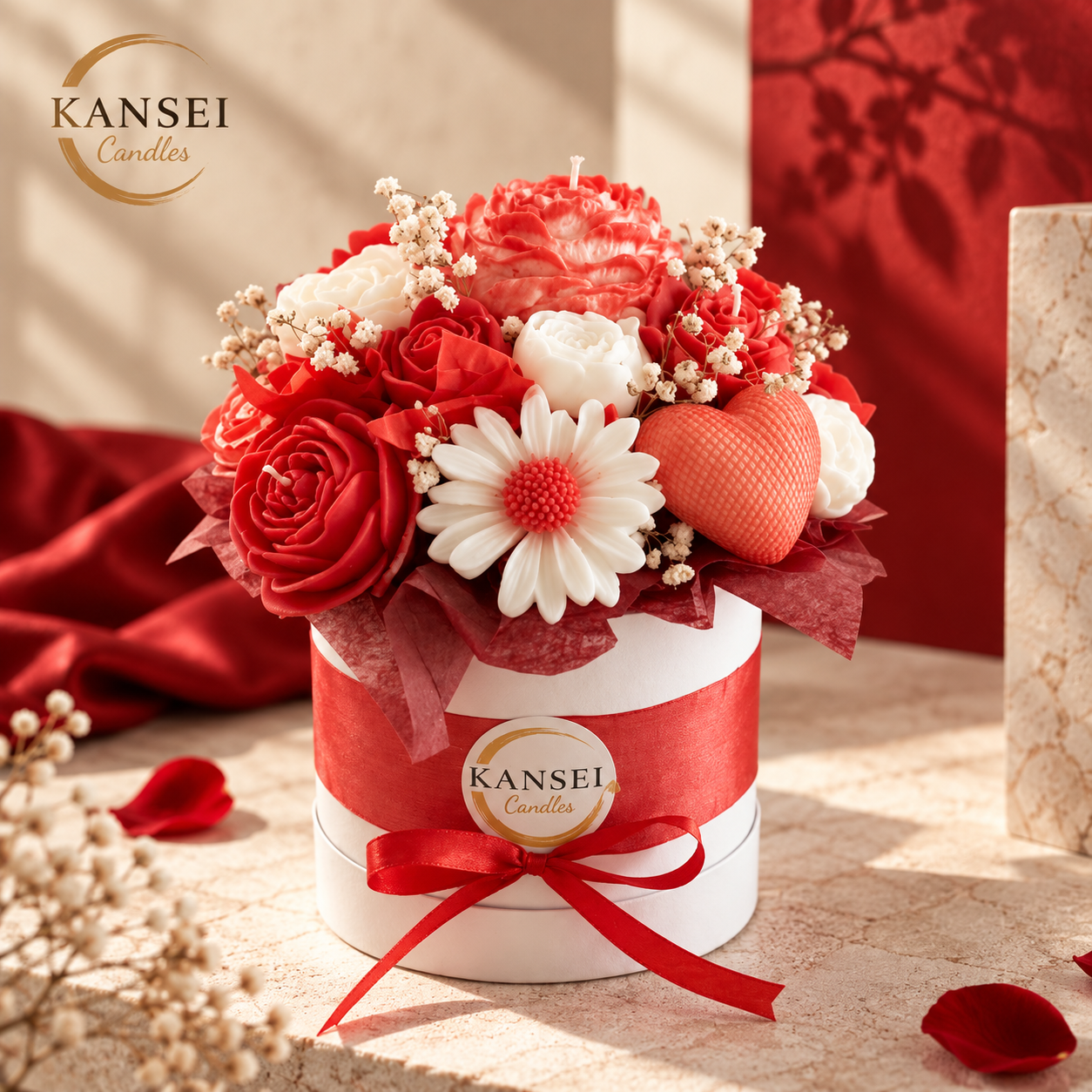 Bouquet Kohaku de flores de cera artesanales en tonos rojos y blancos