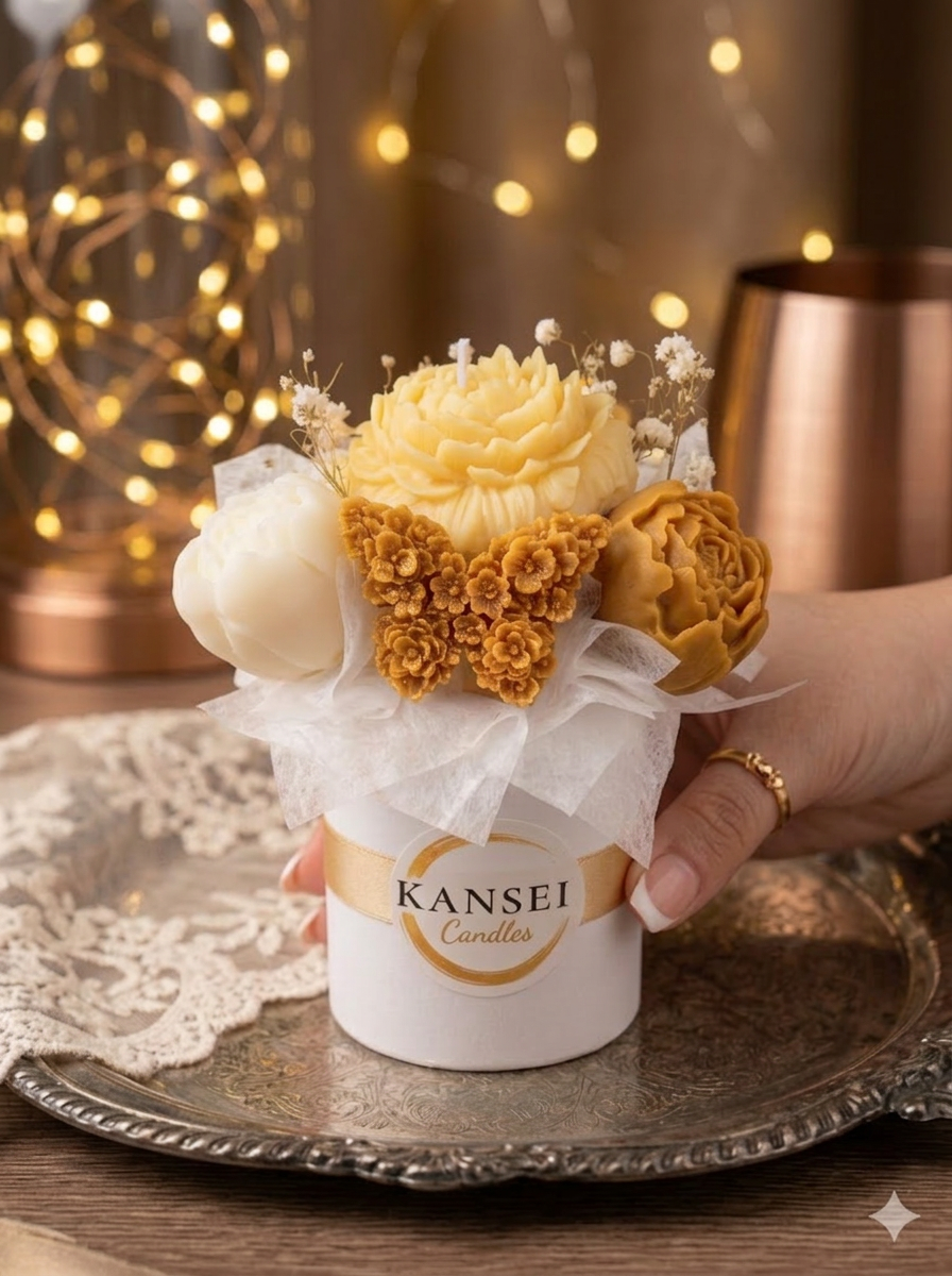 Mini Bouquet Kogane de flores de cera en amarillo suave y dorado miel en tarrina blanca con etiqueta Kansei Candles