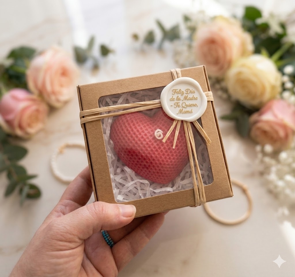 Vela corazón en caja kraft con sello personalizado