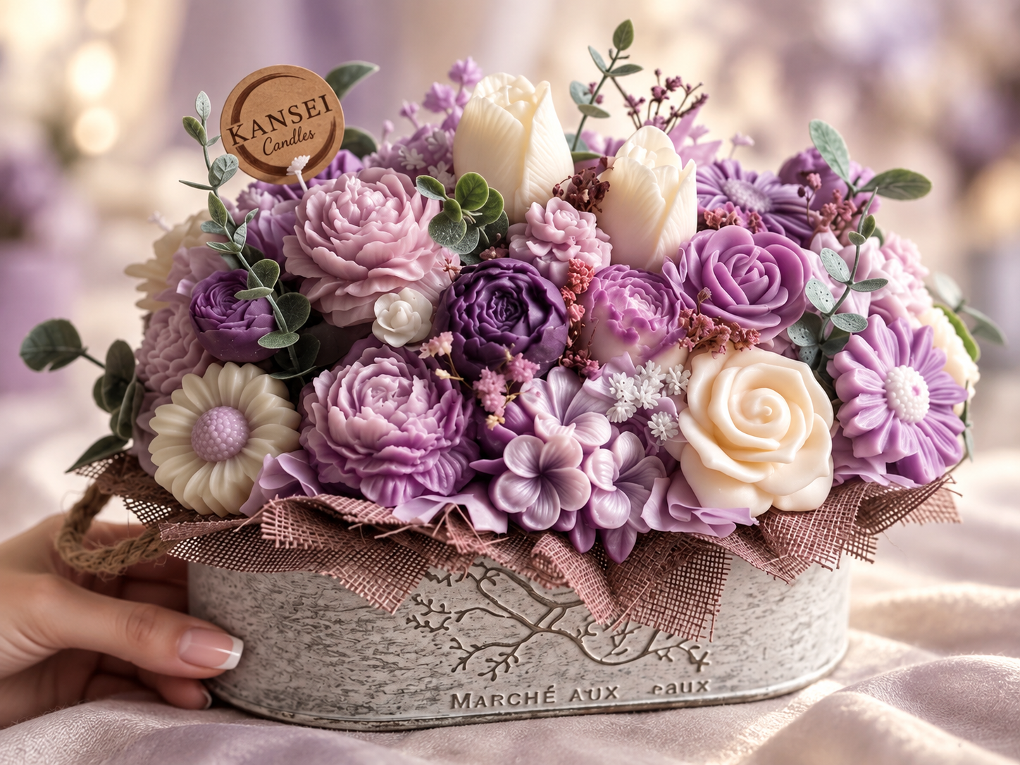 Bouquet Murasaki de flores de cera artesanales en tonos lilas y morados