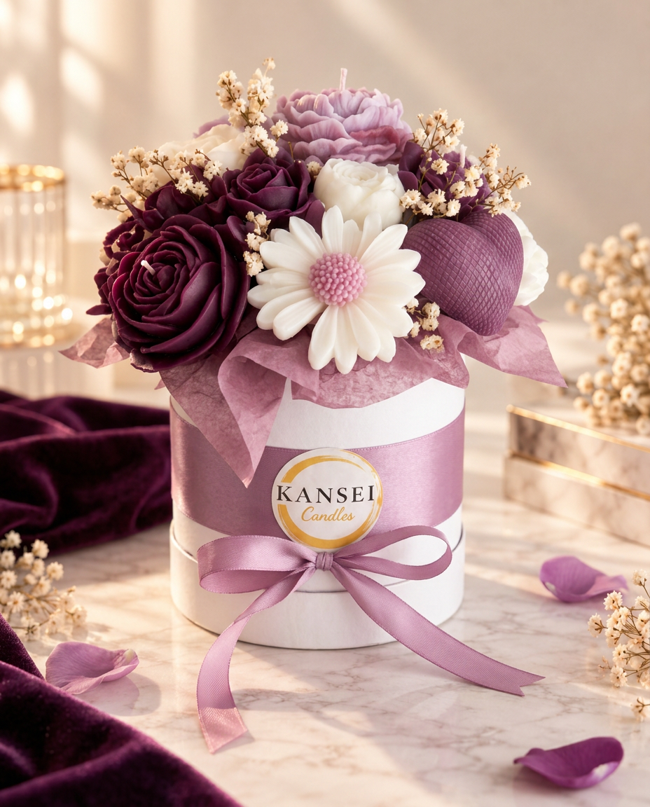 Bouquet Esencial Murasaki de flores de cera en tonos lila, morado y crema