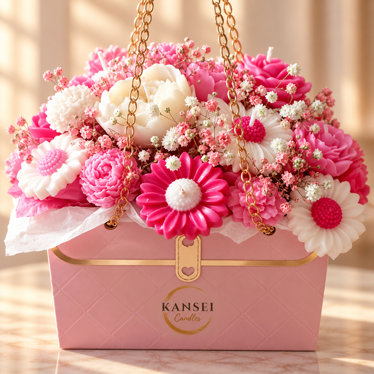 Bouquet Sakura de flores de cera artesanales en tonos rosas y blancos