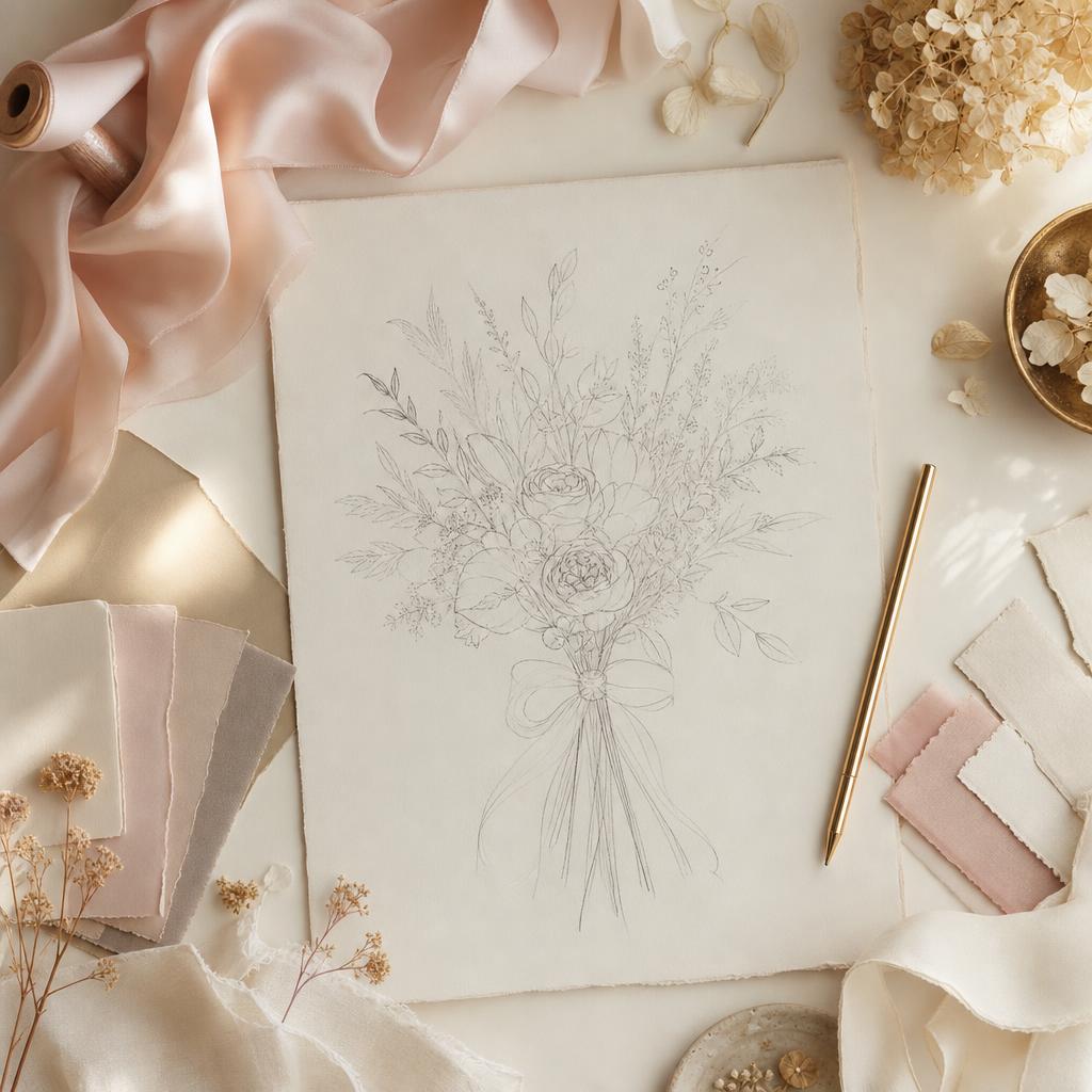 Boceto artesanal de un bouquet con cintas de seda, muestras de color y pluma dorada — crea tu propio diseño Kansei